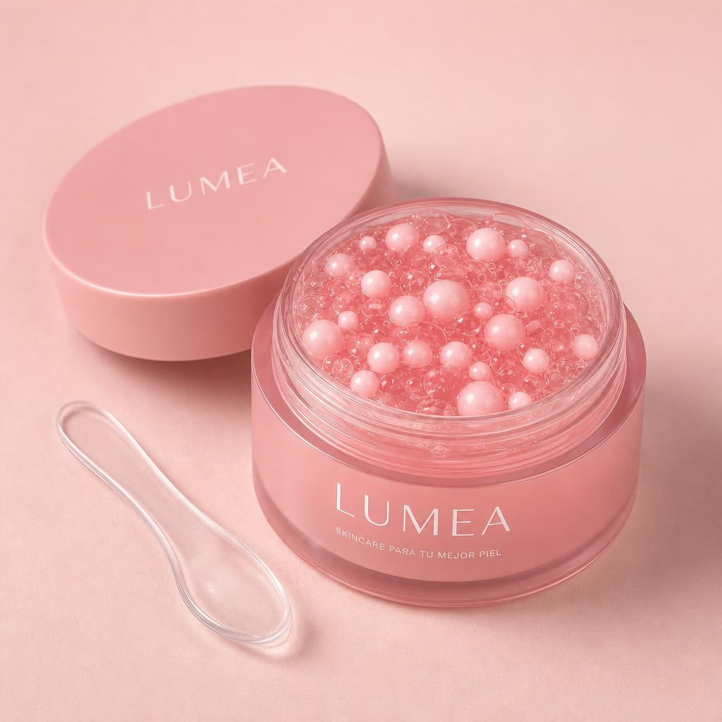 Tarro abierto mostrando el gel rosado con capsulas